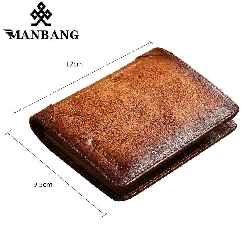 Carteira de couro genuíno Manbang Elite Wallet, design retro, medidas 12x9,5 cm.
